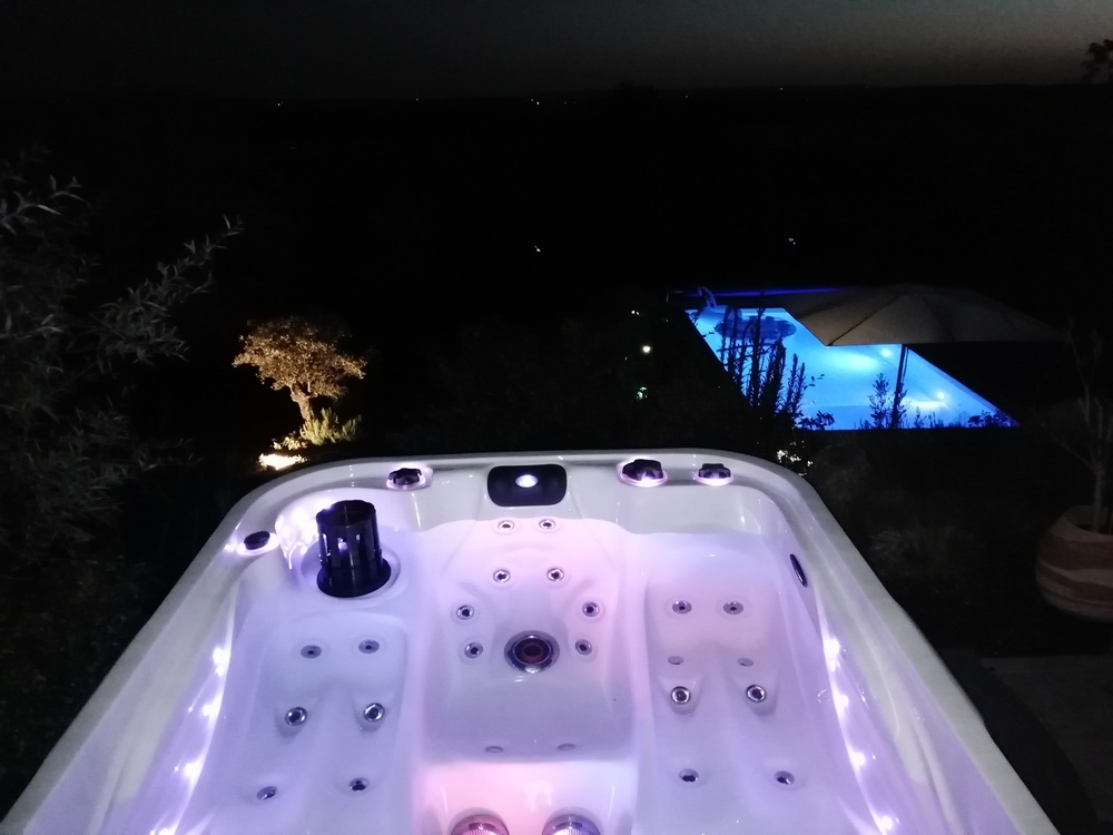vue depuis la terrasse donnant sur le spa et la piscine
