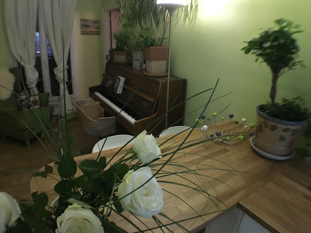 Piano dans le salon, à côté de la fenêtre sur cour, vu de la cuisine américaine